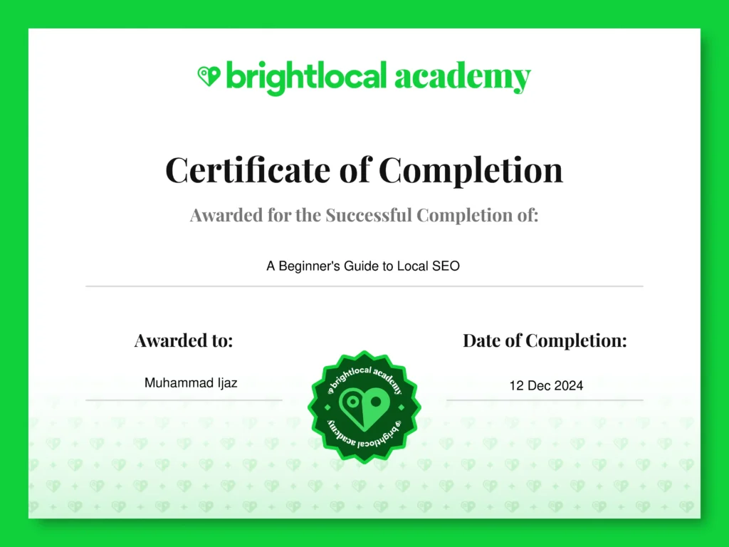 A-beginners-guide-to-local-seo (BrightLocal Academy) Certificate to Muhammad Ijaz