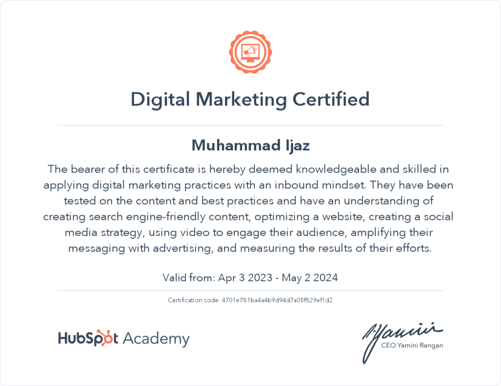 Digital Marketing Certificate Hubspot Academy - Muhammad IJaz