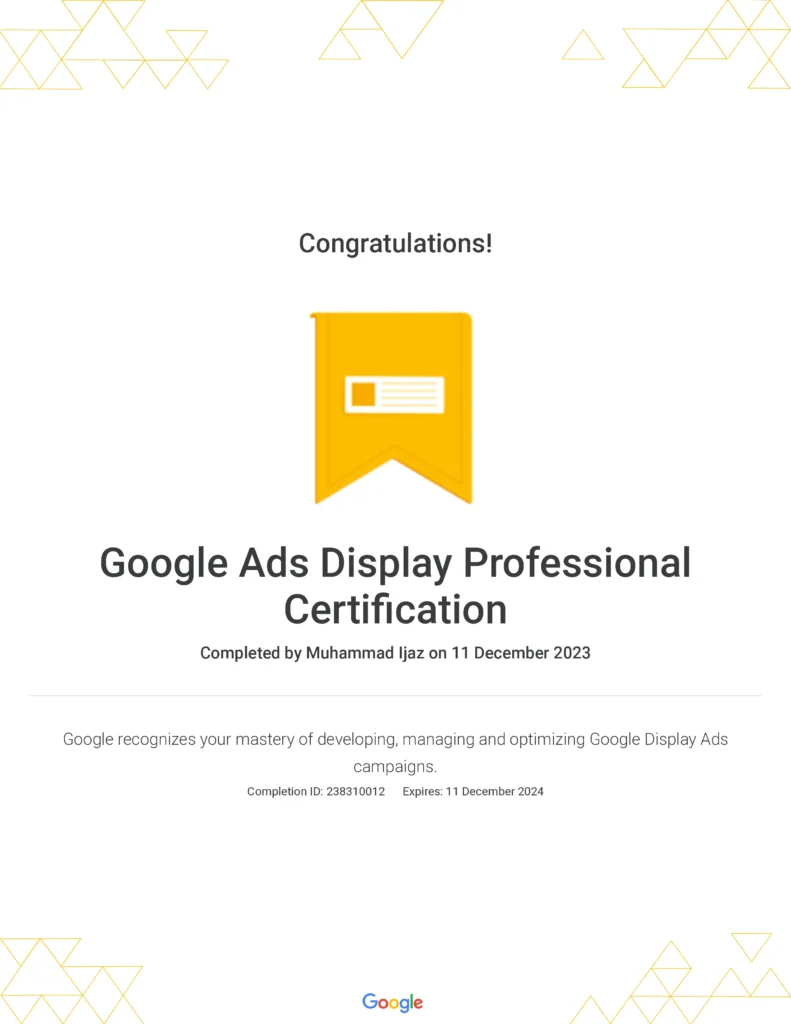 Google Ads Display Professional Certification to Muhammad Ijaz