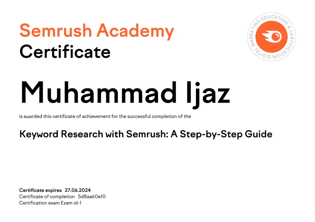 Semrush Keyword Research certificate - Muhammad Ijaz